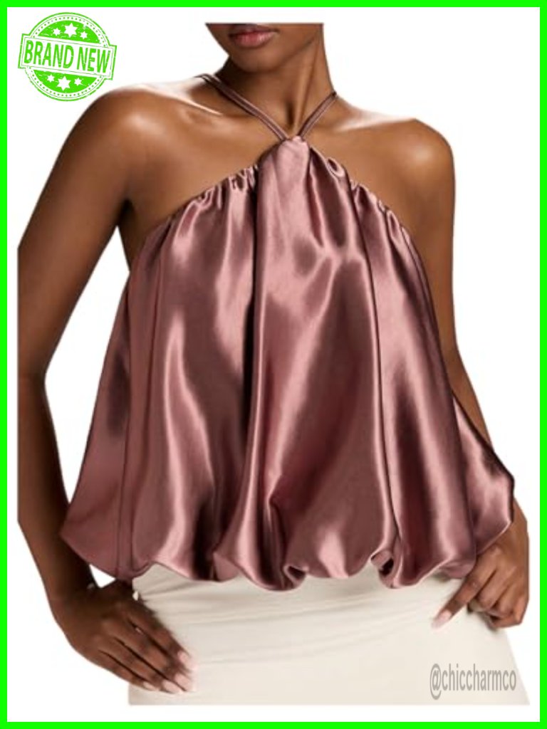 Satin Halter Top Sleeveless Bubble Puffy Hem Going Out Top